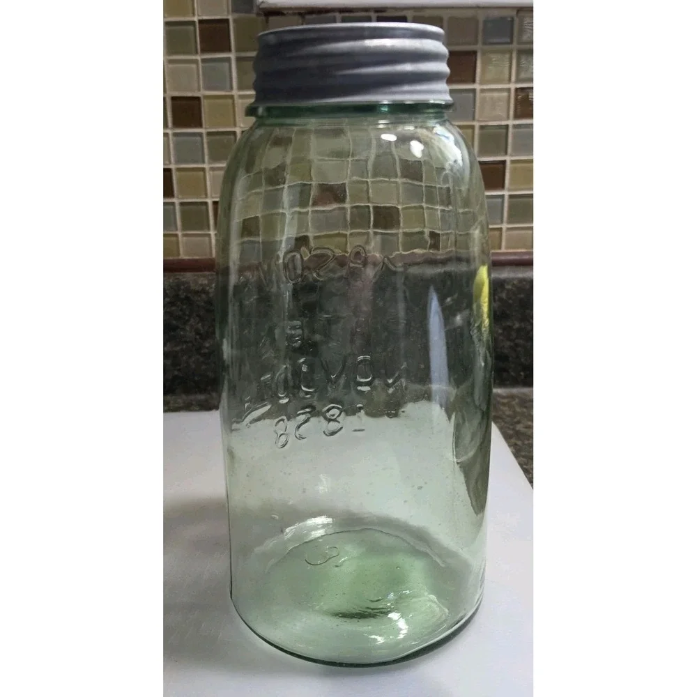 Mason's Patent Nov. 30th 1858 Light Green Fruit Jam Jar With Ball Lid 9.25